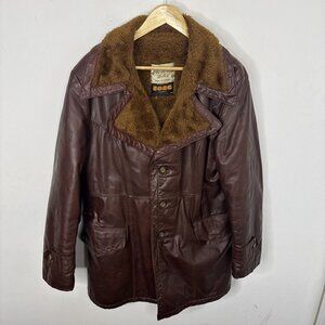 Vintage Victoria Leather Men 40 Brown 70s Jacket Lined Hippie Groovy Disco